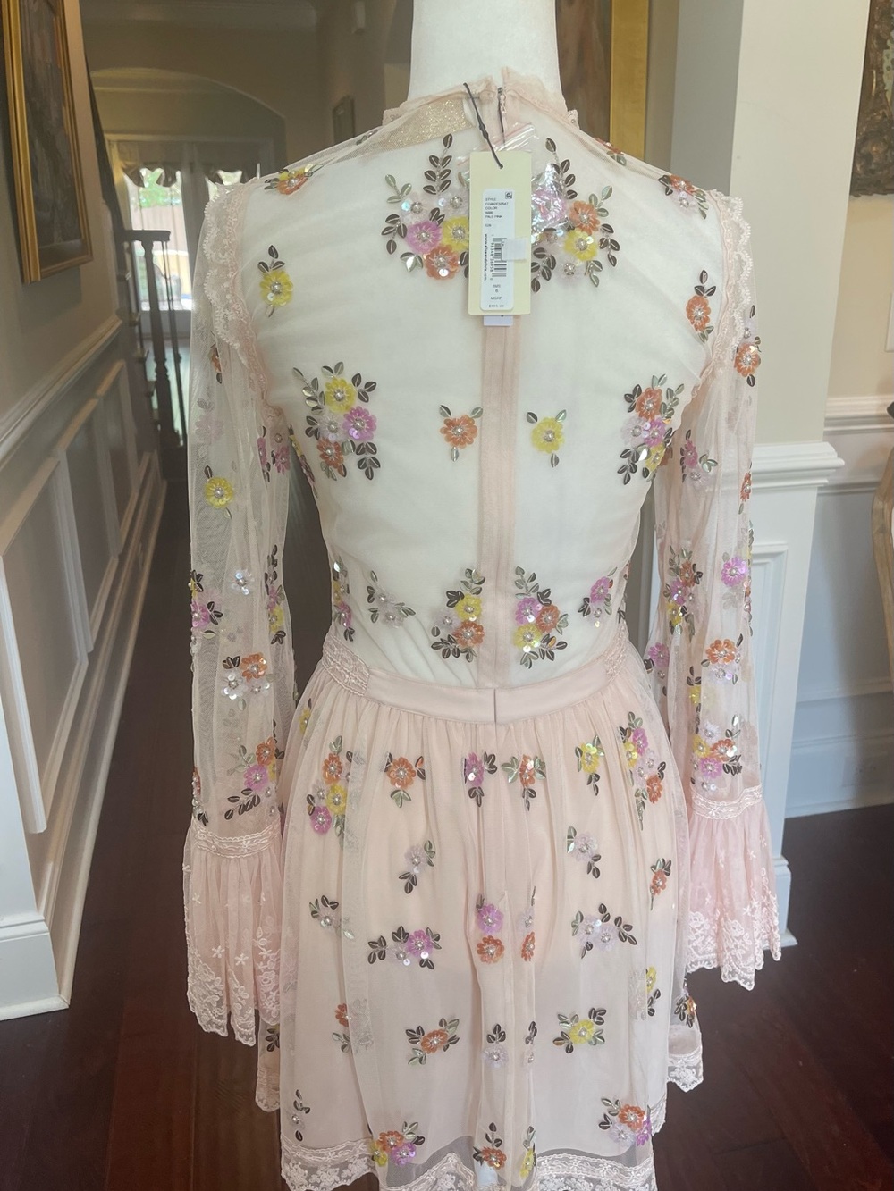 Alice + Olivia Allegra Embellished Lace Mini Gown Pale Pink NWT US 10 - Picture 8 of 16